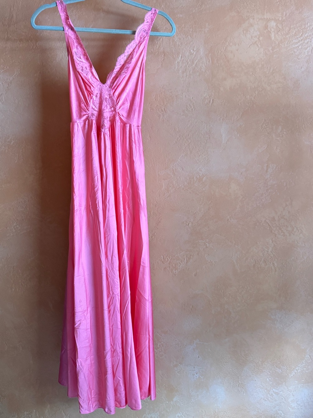 Olga Vintage Hot Pink Satin Lace Nightgown Maxi Slip Dress